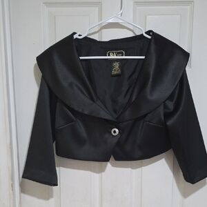 b new york Black Satin Cropped Blazer with Decorative Button